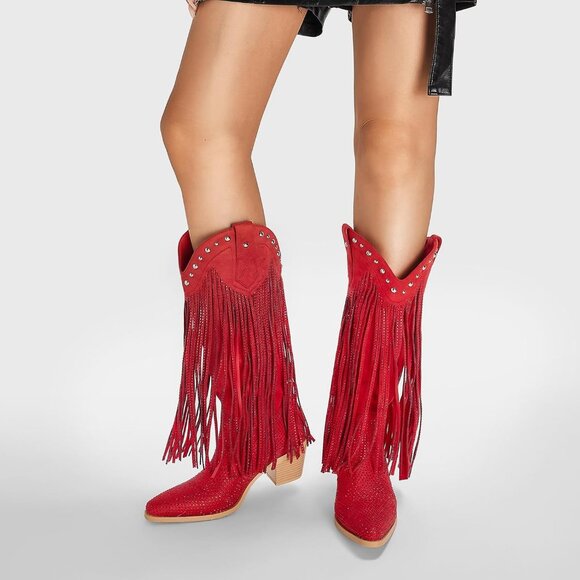 Red Rhinestone Cowgirl Boots Women Sparkly Western Mid Calf Chunky Heel Shoes - Picture 6 of 7